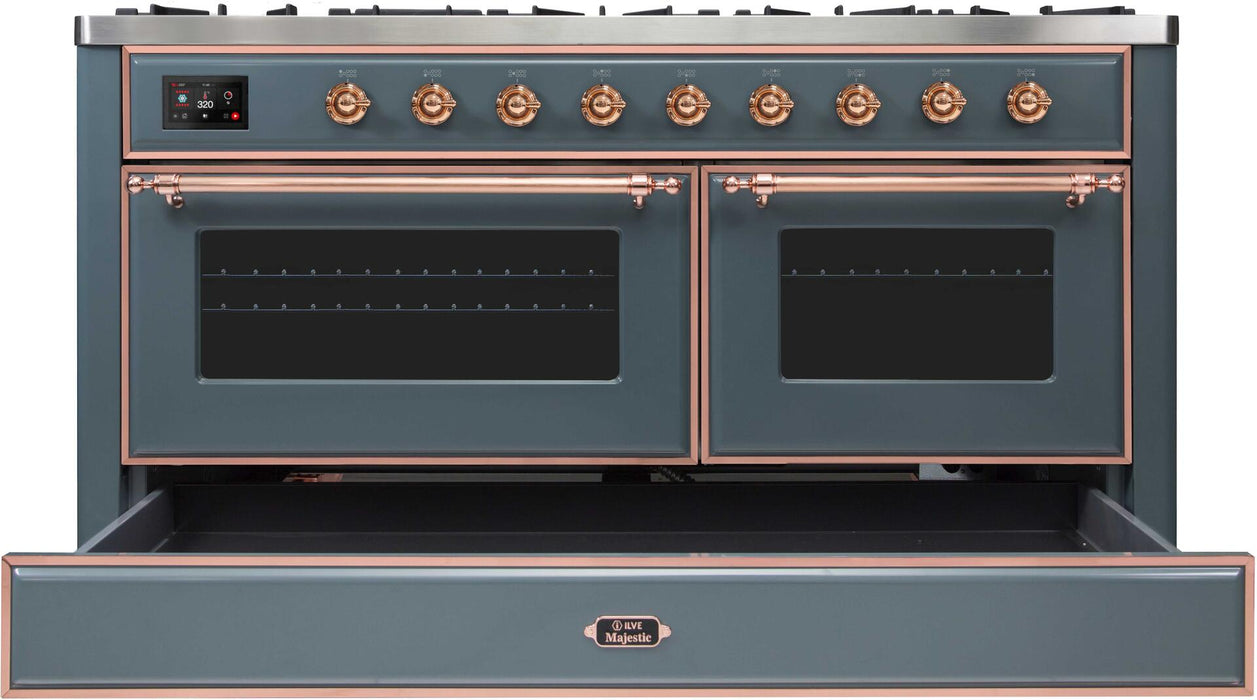 ILVE Majestic II 60 Inch Dual Fuel Natural Gas Freestanding Range, Blue Grey, Copper Trim, UM15FDNS3BGP