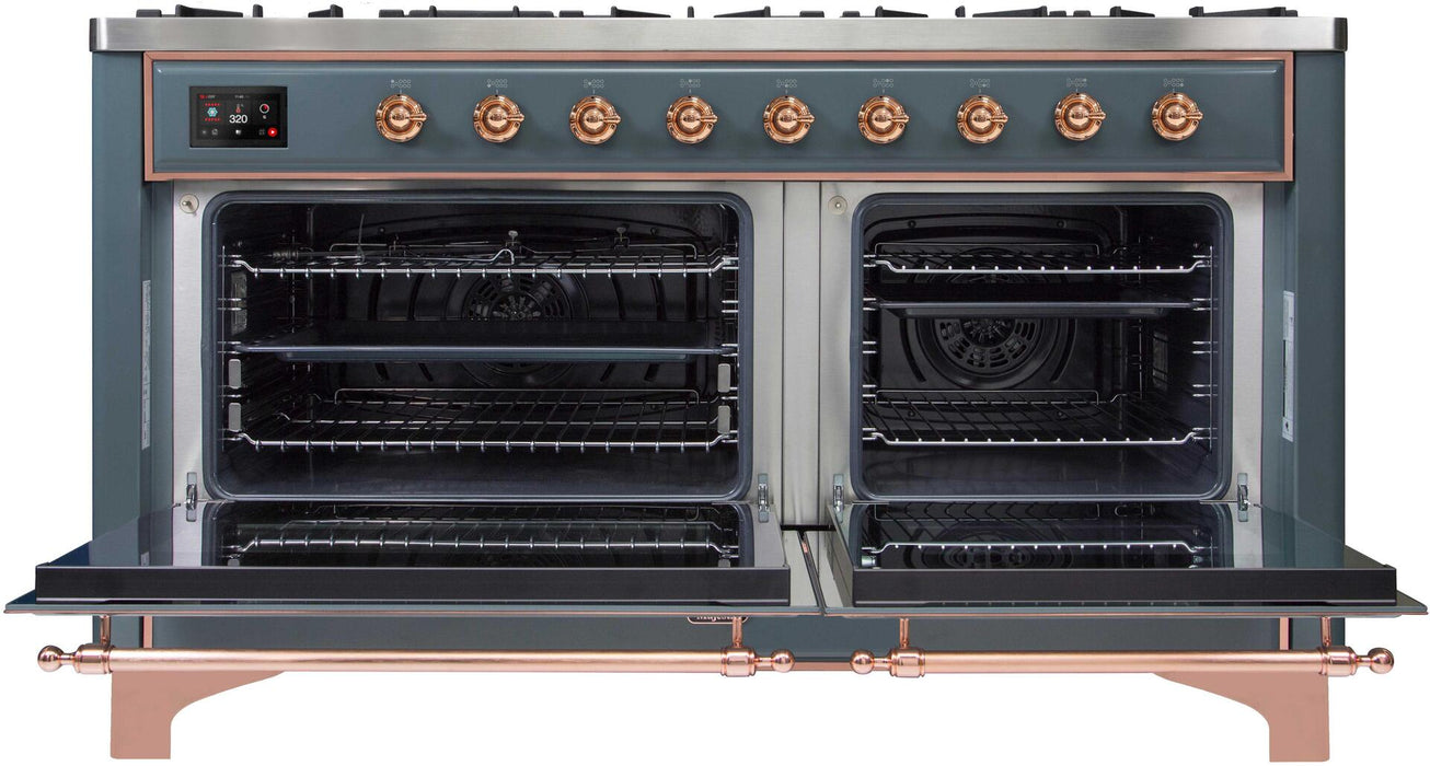 ILVE Majestic II 60 Inch Dual Fuel Natural Gas Freestanding Range, Blue Grey, Copper Trim, UM15FDNS3BGP