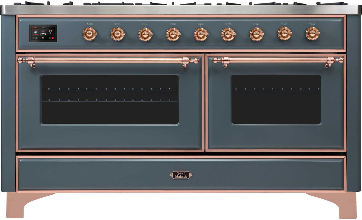 ILVE Majestic II 60 Inch Dual Fuel Natural Gas Freestanding Range, Blue Grey, Copper Trim, UM15FDNS3BGP