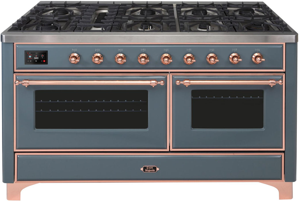 ILVE Majestic II 60 Inch Dual Fuel Natural Gas Freestanding Range, Blue Grey, Copper Trim, UM15FDNS3BGP