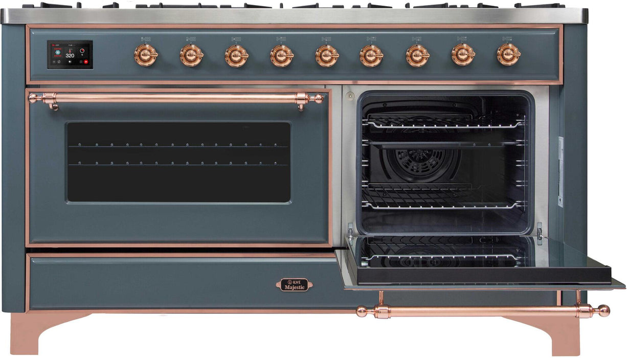 ILVE Majestic II 60 Inch Dual Fuel Natural Gas Freestanding Range, Blue Grey, Copper Trim, UM15FDNS3BGP