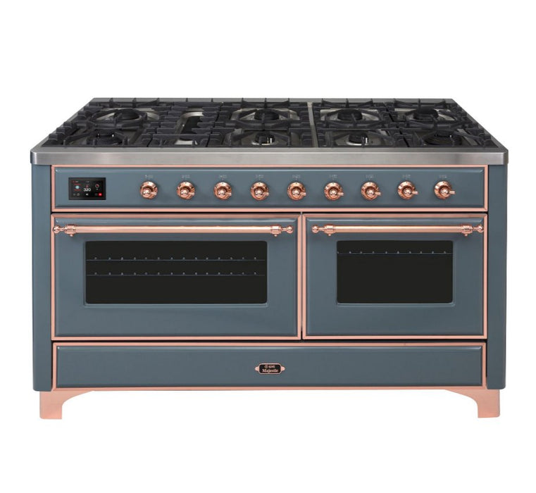 ILVE Majestic II 60 Inch Dual Fuel Natural Gas Freestanding Range, Blue Grey, Copper Trim, UM15FDNS3BGP