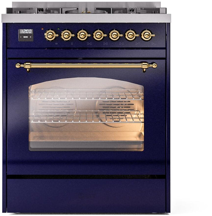 ILVE Nostalgie II 30" Dual Fuel Liquid Propane Range, Blue, Brass Trim UP30NMPMBGLP