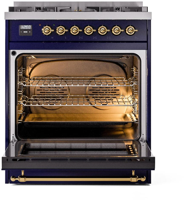 ILVE Nostalgie II 30" Dual Fuel Liquid Propane Range, Blue, Brass Trim UP30NMPMBGLP