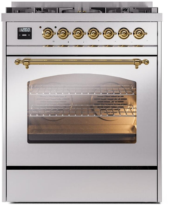 ILVE Nostalgie II 30" Dual Fuel Liquid Propane Range, Stainless Steel, Brass Trim UP30NMPSSGLP