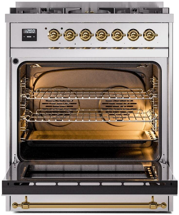 ILVE Nostalgie II 30" Dual Fuel Liquid Propane Range, Stainless Steel, Brass Trim UP30NMPSSGLP