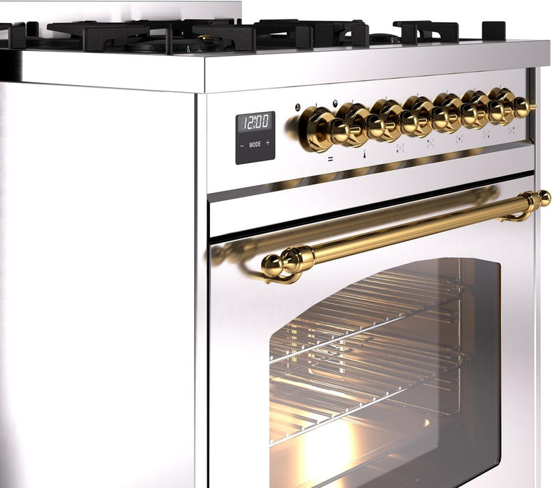 ILVE Nostalgie II 30" Dual Fuel Liquid Propane Range, Stainless Steel, Brass Trim UP30NMPSSGLP