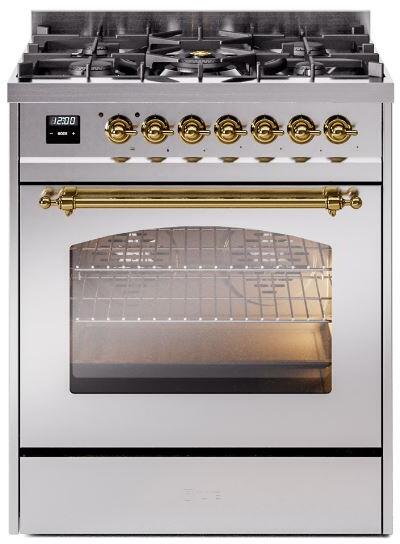 ILVE Nostalgie II 30" Dual Fuel Liquid Propane Range, Stainless Steel, Brass Trim UP30NMPSSGLP