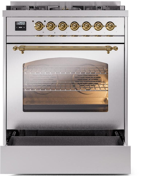 ILVE Nostalgie II 30" Dual Fuel Liquid Propane Range, Stainless Steel, Brass Trim UP30NMPSSGLP