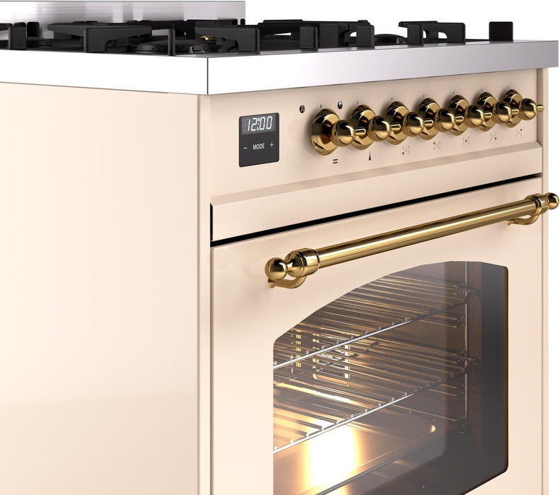 ILVE Nostalgie II 30" Dual Fuel Natural Gas Range, Antique White, Brass Trim UP30NMPAWG