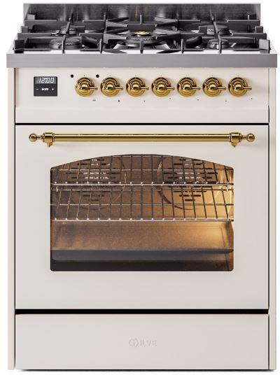 ILVE Nostalgie II 30" Dual Fuel Natural Gas Range, Antique White, Brass Trim UP30NMPAWG