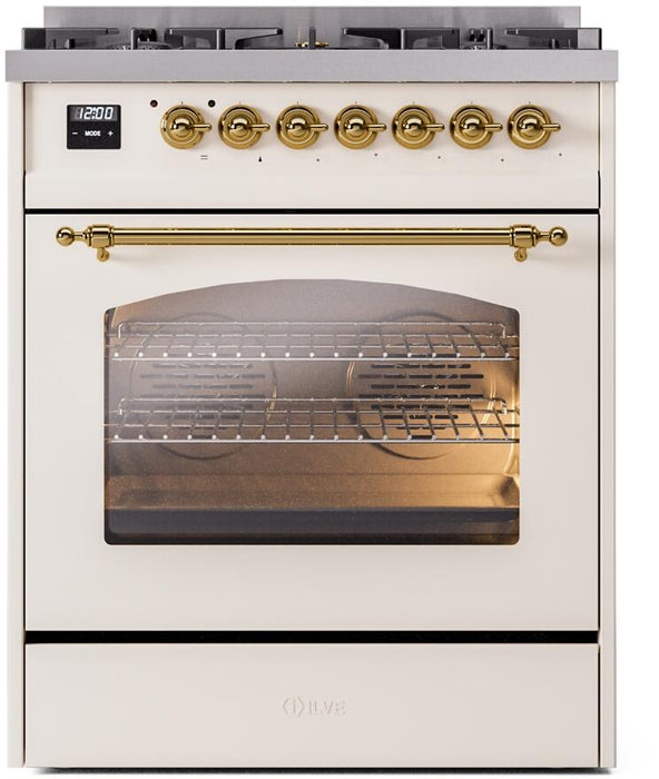 ILVE Nostalgie II 30" Dual Fuel Natural Gas Range, Antique White, Brass Trim UP30NMPAWG