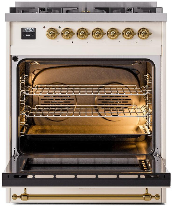 ILVE Nostalgie II 30" Dual Fuel Natural Gas Range, Antique White, Brass Trim UP30NMPAWG