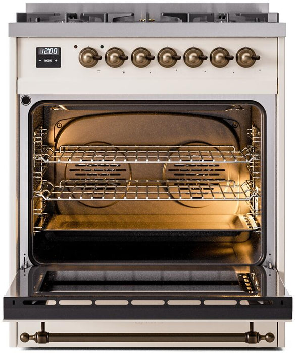 ILVE Nostalgie II 30" Dual Fuel Natural Gas Range, Antique White, Bronze Trim UP30NMPAWB