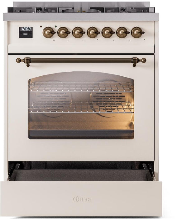 ILVE Nostalgie II 30" Dual Fuel Natural Gas Range, Antique White, Bronze Trim UP30NMPAWB