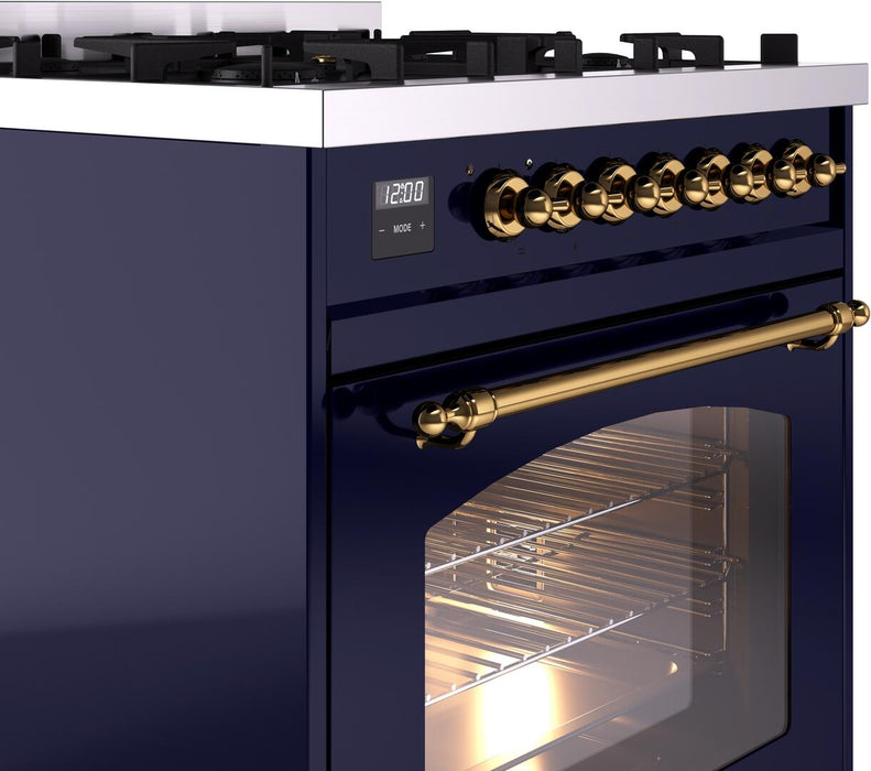 ILVE Nostalgie II 30" Dual Fuel Natural Gas Range, Blue, Brass Trim UP30NMPMBG