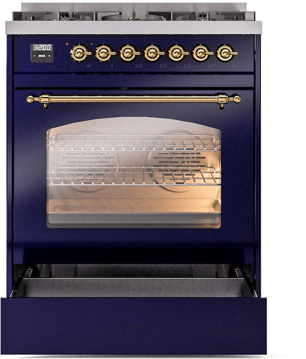 ILVE Nostalgie II 30" Dual Fuel Natural Gas Range, Blue, Brass Trim UP30NMPMBG