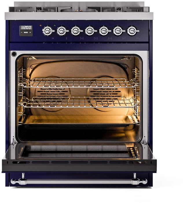 ILVE Nostalgie II 30" Dual Fuel Natural Gas Range, Blue, Chrome Trim UP30NMPMBC