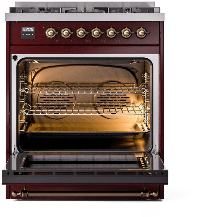 ILVE Nostalgie II 30" Dual Fuel Natural Gas Range, Burgundy, Bronze Trim UP30NMPBUB