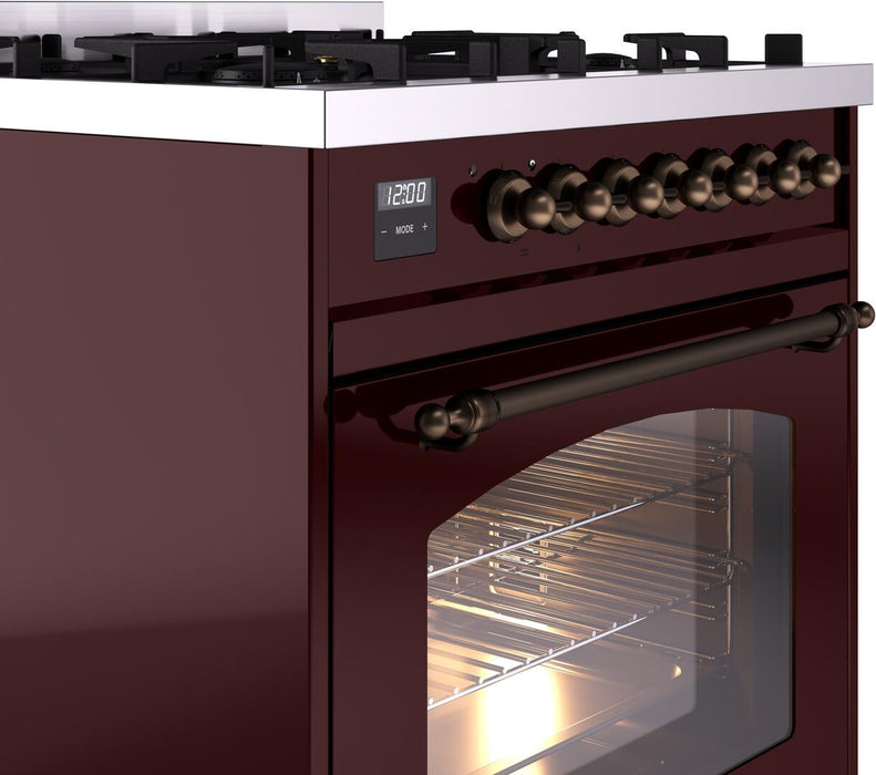 ILVE Nostalgie II 30" Dual Fuel Natural Gas Range, Burgundy, Bronze Trim UP30NMPBUB