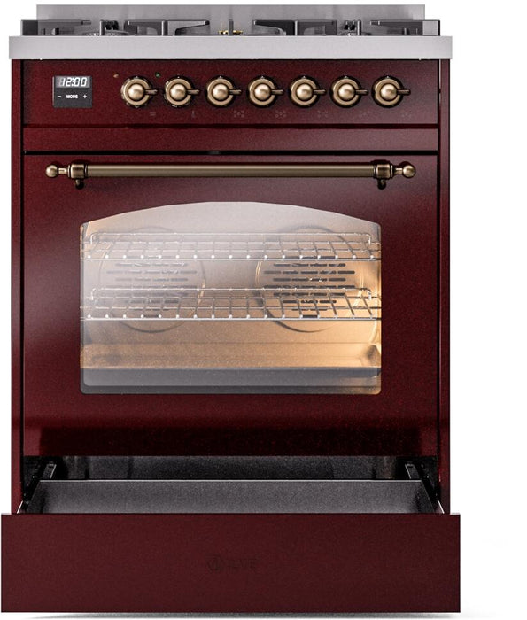 ILVE Nostalgie II 30" Dual Fuel Natural Gas Range, Burgundy, Bronze Trim UP30NMPBUB