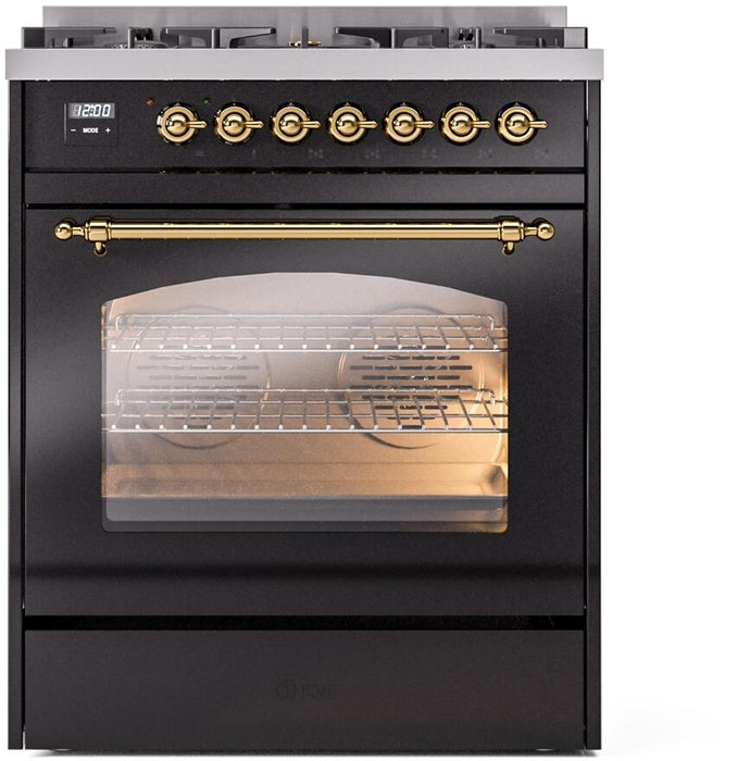 ILVE Nostalgie II 30" Dual Fuel Natural Gas Range, Glossy Black, Brass Trim UP30NMPBKG