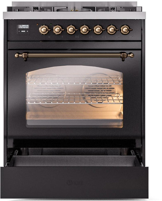 ILVE Nostalgie II 30" Dual Fuel Natural Gas Range, Glossy Black, Bronze Trim UP30NMPBKB