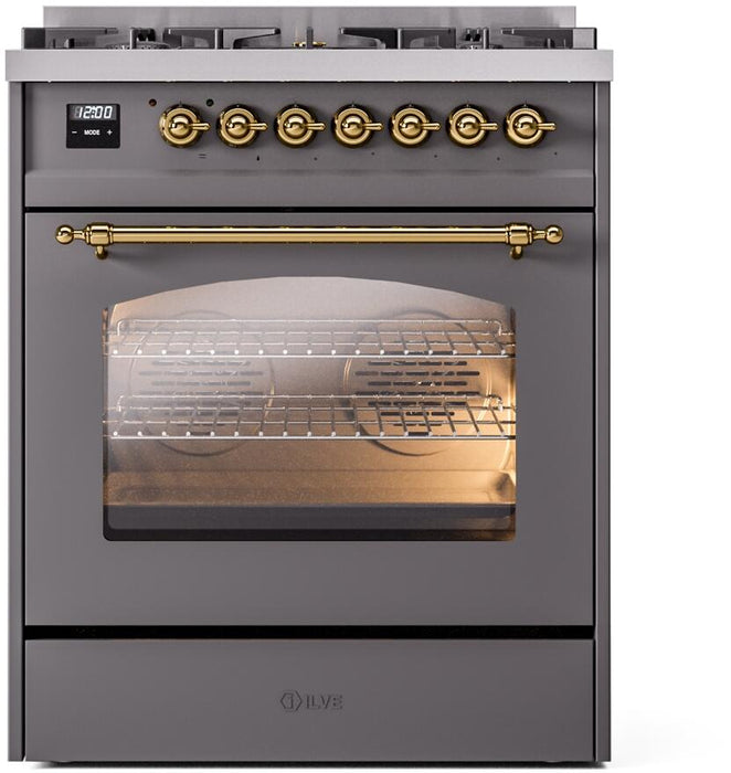 ILVE Nostalgie II 30" Dual Fuel Natural Gas Range, Matte Graphite, Brass Trim ILVE UP30NMPMGG