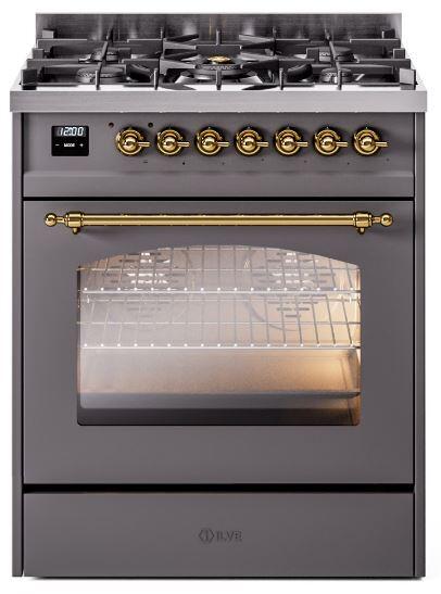 ILVE Nostalgie II 30" Dual Fuel Natural Gas Range, Matte Graphite, Brass Trim ILVE UP30NMPMGG