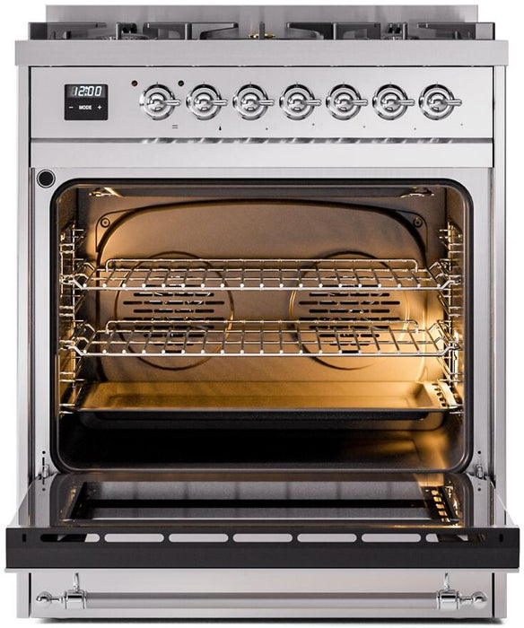 ILVE Nostalgie II 30" Dual Fuel Natural Gas Range, Stainless Steel, Chrome Trim UP30NMPSSC