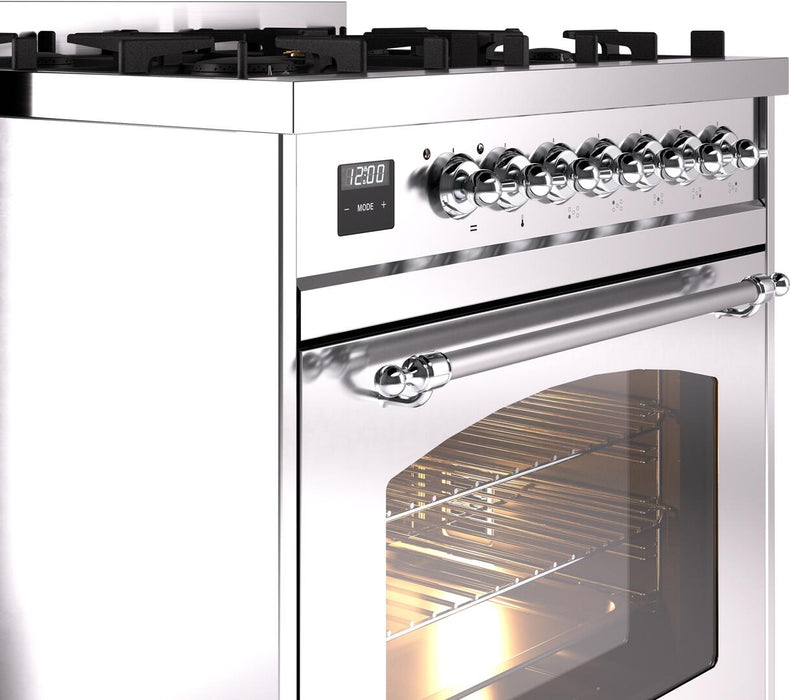ILVE Nostalgie II 30" Dual Fuel Natural Gas Range, Stainless Steel, Chrome Trim UP30NMPSSC