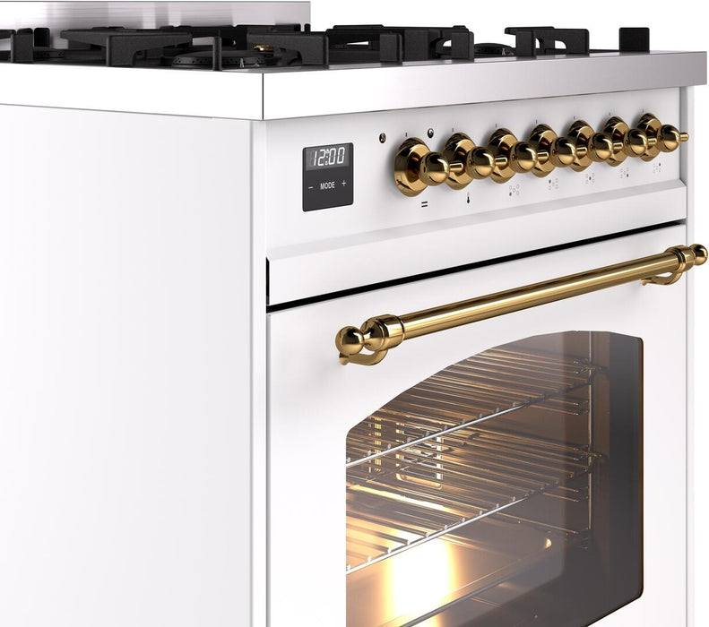 ILVE Nostalgie II 30" Dual Fuel Natural Gas Range, White, Brass Trim UP30NMPWHG