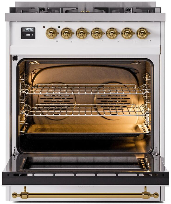 ILVE Nostalgie II 30" Dual Fuel Natural Gas Range, White, Brass Trim UP30NMPWHG