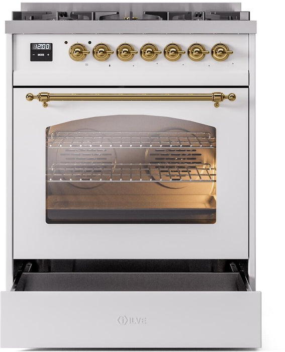 ILVE Nostalgie II 30" Dual Fuel Natural Gas Range, White, Brass Trim UP30NMPWHG