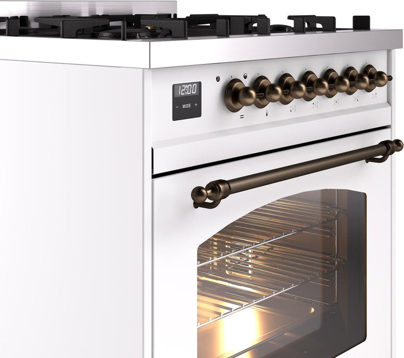 ILVE Nostalgie II 30" Dual Fuel Natural Gas Range, White, Bronze Trim UP30NMPWHB