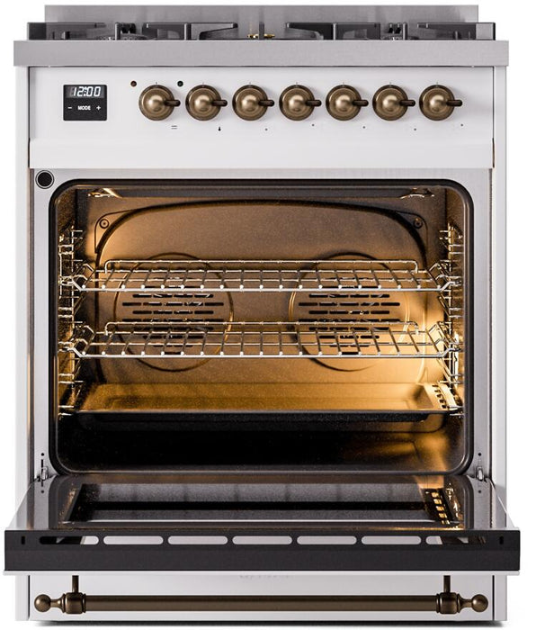 ILVE Nostalgie II 30" Dual Fuel Natural Gas Range, White, Bronze Trim UP30NMPWHB