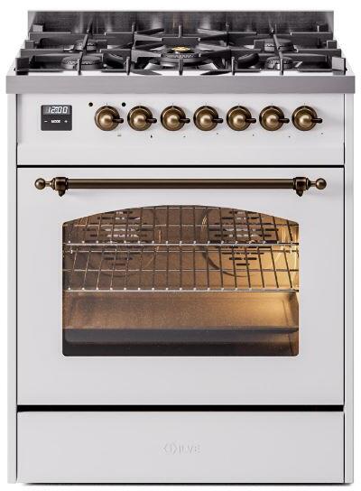 ILVE Nostalgie II 30" Dual Fuel Natural Gas Range, White, Bronze Trim UP30NMPWHB