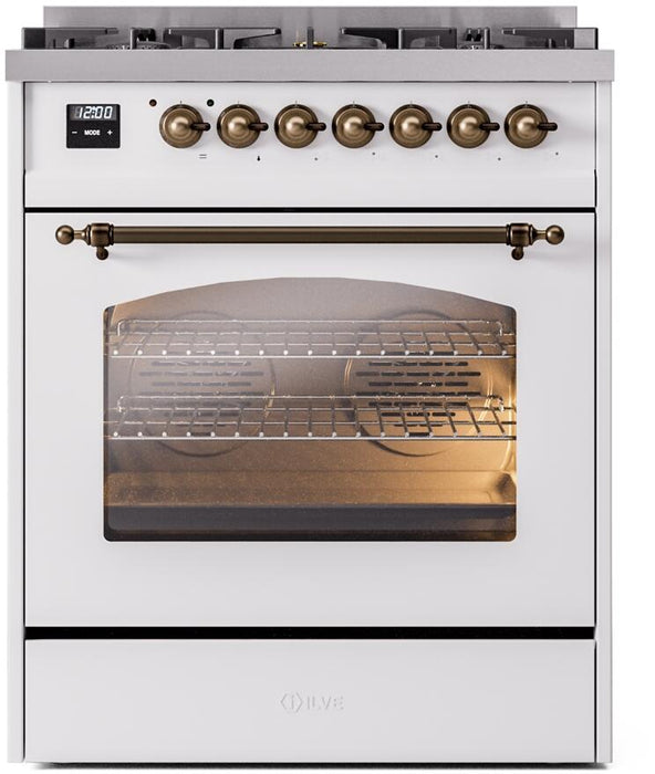 ILVE Nostalgie II 30" Dual Fuel Natural Gas Range, White, Bronze Trim UP30NMPWHB