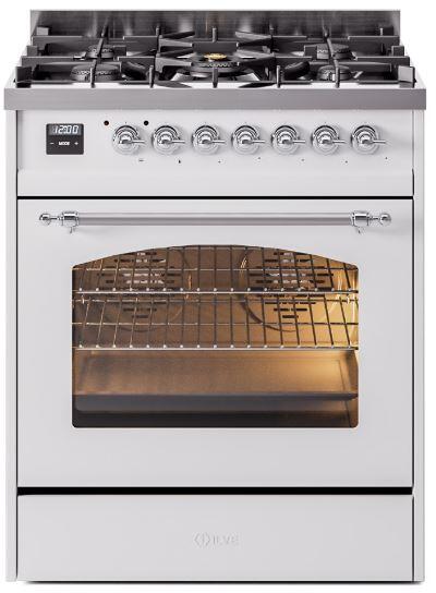 ILVE Nostalgie II 30" Dual Fuel Natural Gas Range, White, Chrome Trim UP30NMPWHC
