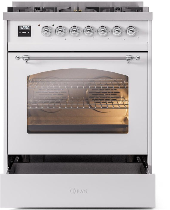 ILVE Nostalgie II 30" Dual Fuel Natural Gas Range, White, Chrome Trim UP30NMPWHC