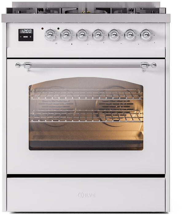ILVE Nostalgie II 30" Dual Fuel Natural Gas Range, White, Chrome Trim UP30NMPWHC