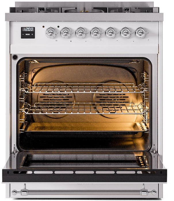 ILVE Nostalgie II 30" Dual Fuel Natural Gas Range, White, Chrome Trim UP30NMPWHC