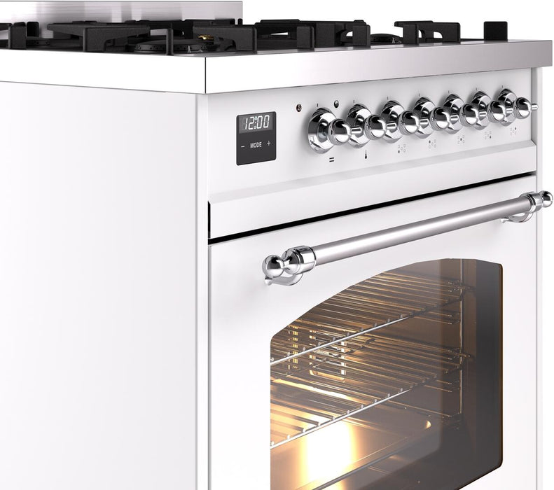 ILVE Nostalgie II 30" Dual Fuel Natural Gas Range, White, Chrome Trim UP30NMPWHC