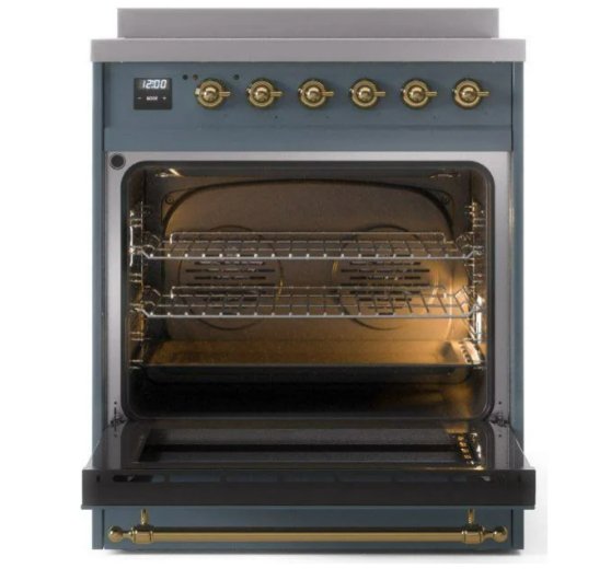 ILVE Nostalgie II 30" Electric Range, Blue Grey, Brass Trim UPI304NMPBGG