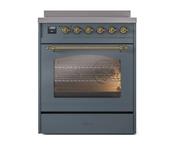 ILVE Nostalgie II 30" Electric Range, Blue Grey, Brass Trim UPI304NMPBGG