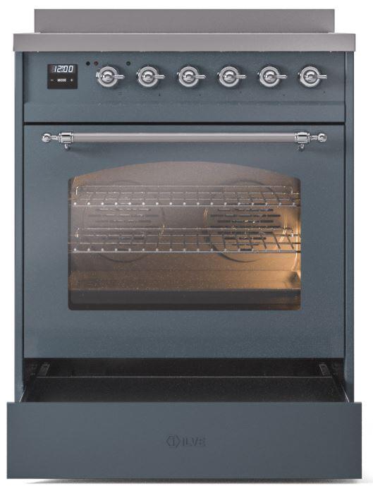 ILVE Nostalgie II 30" Electric Range, Blue Grey, Chrome Trim UPI304NMPBGC