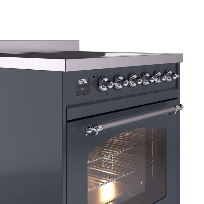 ILVE Nostalgie II 30" Electric Range, Blue Grey, Chrome Trim UPI304NMPBGC
