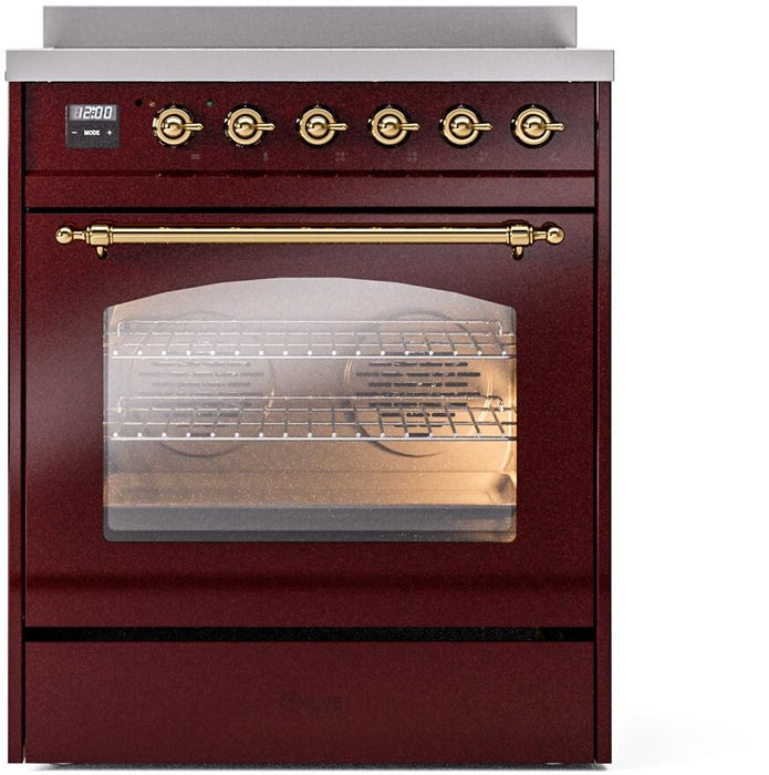 ILVE Nostalgie II 30" Electric Range, Burgundy, Brass Trim UPI304NMPBUG