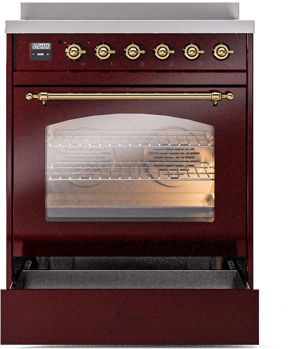 ILVE Nostalgie II 30" Electric Range, Burgundy, Brass Trim UPI304NMPBUG