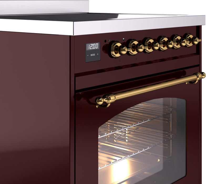 ILVE Nostalgie II 30" Electric Range, Burgundy, Brass Trim UPI304NMPBUG